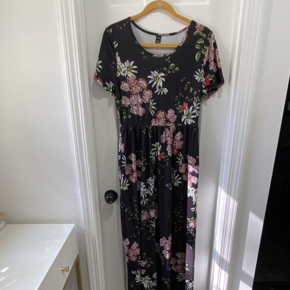 RANLEGE Black Floral Maxi Dress Round Neck Short Sleeve Long Size L